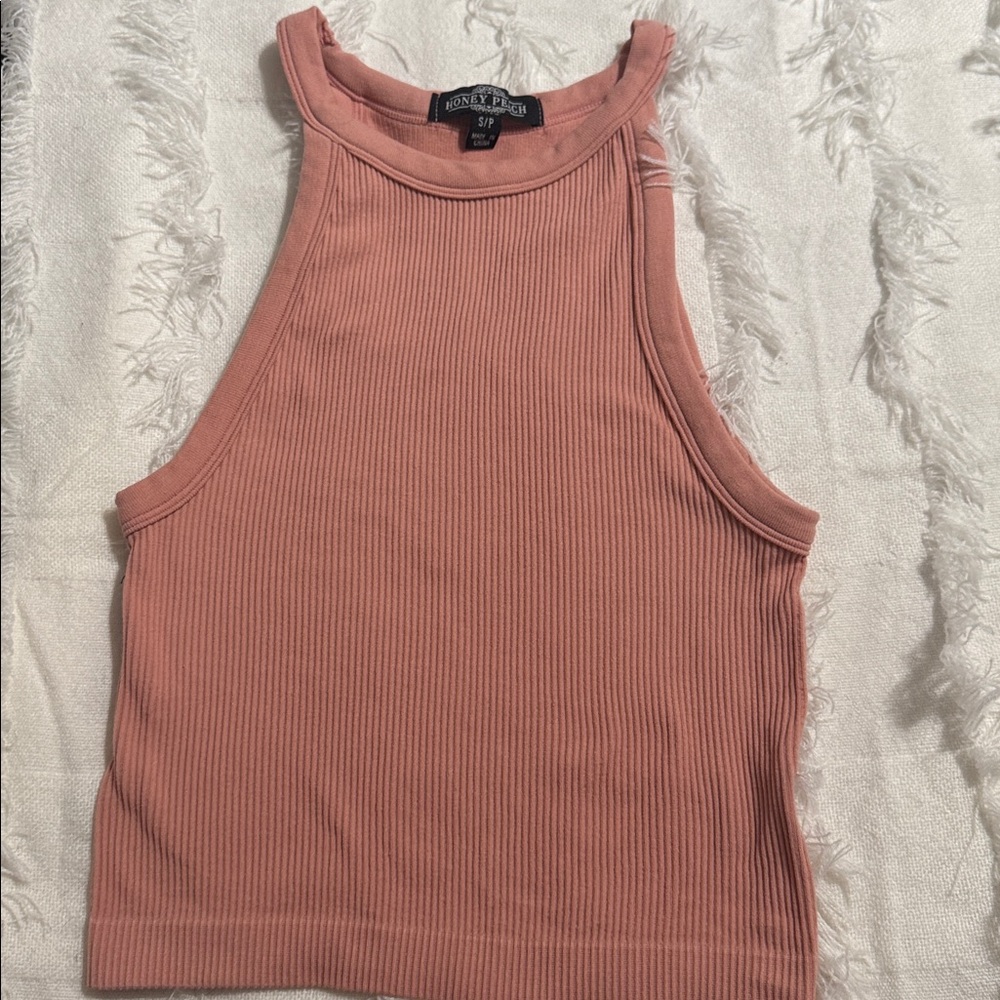 Honey Peach Dusty Rose Ribbed High Neck Crop Tank S